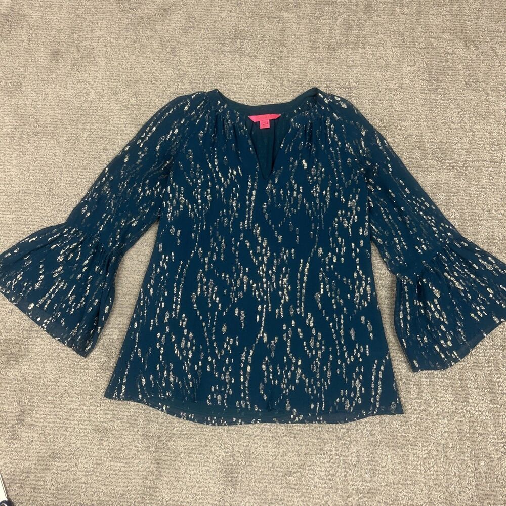 Lilly Pulitzer Top Womens XS Fish Clip Chiffon Silk Metallic Teal Gold Blouse
